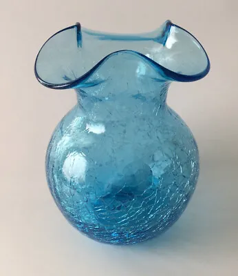 Vintage Blue Crackle Glass Vase Hand Blown W/Ruffled Top~5” • $12
