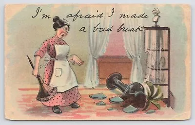 Comics~Woman With Duster~Im Afraid I Made A Bad Crack~Vintage Postcard • $3.50