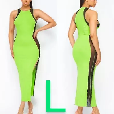 🆕Lime Green Ribbed Black Side Mesh Slit Maxi Dress~Size L • $32.75