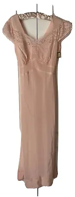 $63.99 • Buy Classic Silk Underwear Pink Lace Long Nightgown Slip Negligee Small Vtg New