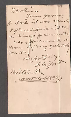 1888 Postal Card F C Yost Milton PA/bells List Received • $10