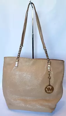 MICHAEL KORS Beige Patent Leather Tote Shoulder Bag Gold Tone Chain Link Straps • $12.50