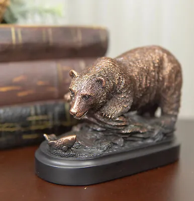 Woodlands Grizzly Bear By River Rock Catching Fish Bronze Electroplated Figurine • $31.95