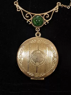 Vintage Green Cabochon Round Locket Victorian Style Gold Tone Necklace 20 In • $9.09