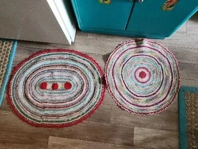  Antique Pair 40's  Handmade Rag Rugs Crochet Edge1 Oval1 Round Fiesta Cottage • $85