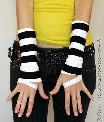 Mummy Gloves Black White Striped Ripped Prisoner Costume Beetlejuice Cut Out Psy • $24