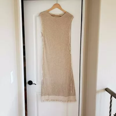 Retro En Chic Women's Medium Sleeveless Beige Lace Up Side Slit Fringe Dress • $40