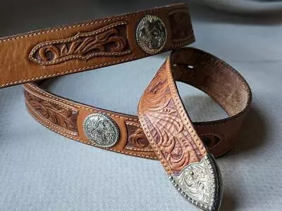 Vintage USA Made JUSTIN Sterling Silver Tip 42 Buckle Belt WESTERN Tooled Concho • $89.95