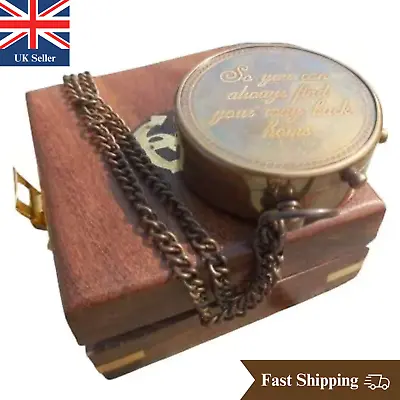 Antique Nautical Brass Engraved Pocket Compass With Free Anchor Wooden Box • £15