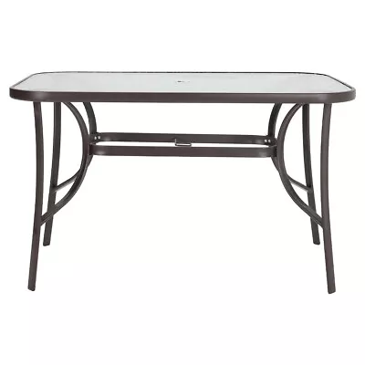 Glass Top Table Outdoor Garden Patio Dining Tables Metal Frame Legs Parasol Hole • £69.99