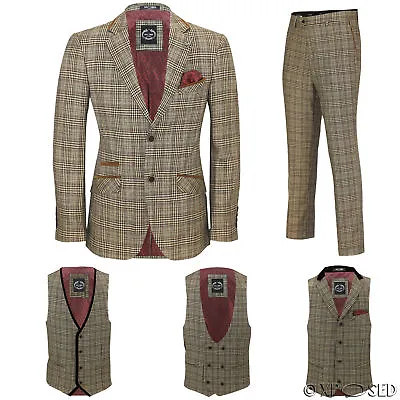 Mens Brown Herringbone Check 3 Piece Suit Sold Separately Blazer Trouser Vest • £27.99