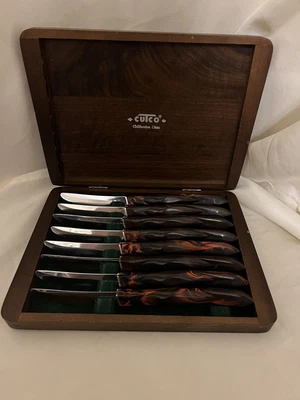 $259.99 • Buy CUTCO #1758 Set Of 8 Steak Knives W/ Cutco Wooden Box Classic Brown Orange Swirl