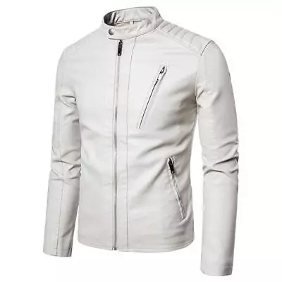 Korean Style Men's Casual Slim Fit Leather Jacket Full Zip Stand Collar Outwear • $58.88