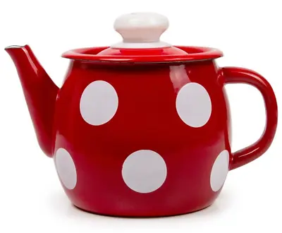 Red Polka Dot Enamel Teapot Small Stovetop Kettle Vintage Enameled Tea Pot 1.1qt • $29.95