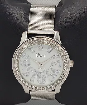 Ladies Vivani Stylish Round Paved Silver Tone Mesh Band Analog Watch K4 • $11.99