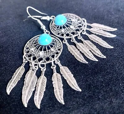 2 1/2  Ethnic Silver Dreamcatcher Turquoise Bead Rhinestone Dangle Earrings New • $3.99