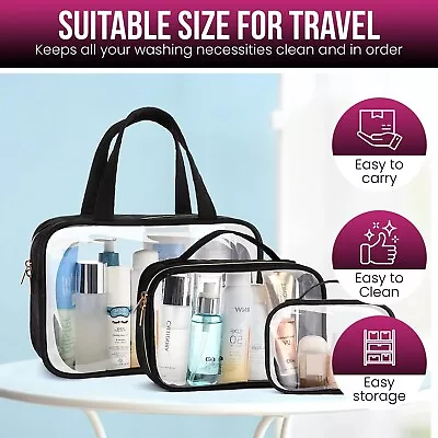 3pc Transparent Travel Bag Set Airport Cosmetic Makeup Toiletry Clear Wash Pouch • £5.99