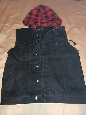 XXX Rude Hot Topic Mens Black Denim Flannel Hood Punk Vest Size Small W/ Patch • $26