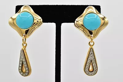 Vintage Cabochon Clip Earrings Turquoise Blue Dangle Gold Chunky 1980s BinAE • $27.96