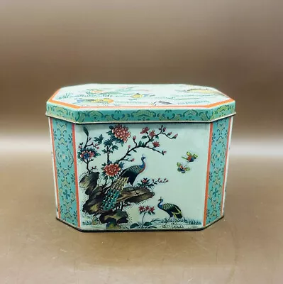 Vintage Daher Tea Tin Container England Peacock Birds Floral Asian Design Hinged • $10.80