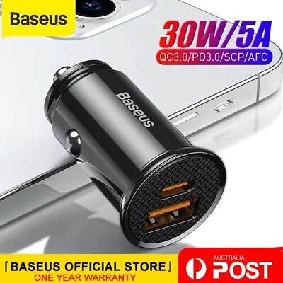 Baseus 30W Fast Car Charger 5A USB QC4.0 Quick Charging 2 Ports Lighter Socket • $14.95