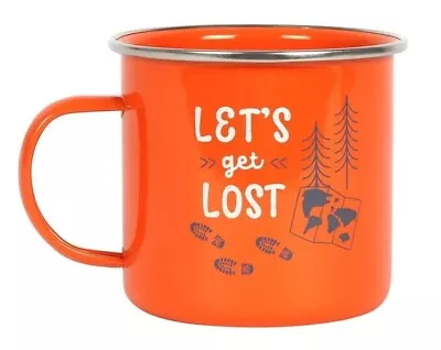 'Let's Get Lost' Orange Enamel Camping Mugs Caravan Campervan Hiking Mug Tin Cup • £7