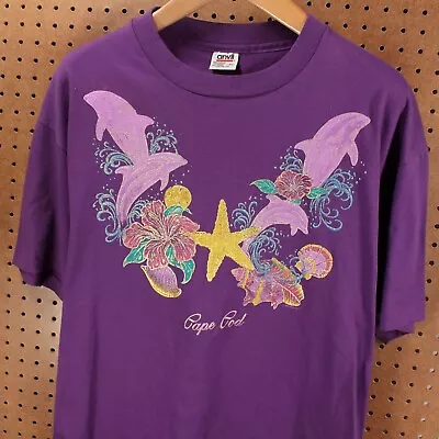 Cape Cod Glitter Dolphin Seashell T-shirt XL Vtg 80s 90s Usa Single Stitch Beach • $8.39