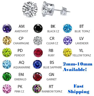 $7.75 • Buy 925 Sterling Silver Birthstone Round CZ Womens Stud Earrings Pick Color 2mm-10mm