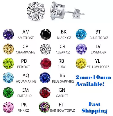 $7.75 • Buy 925 Sterling Silver Birthstone Round CZ Womens Stud Earrings Pick Color 2mm-10mm