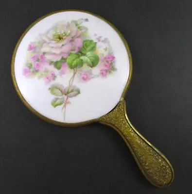 ROSES - Antique Hand Painted PORCELAIN Back HAND MIRROR - Brass Embossed Handle • $89