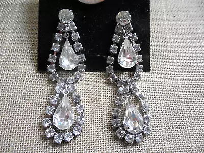 Vintage NOS Pr Austrian Crystal Rhinestone 2  Drop Pierced Earrings A1 #1 • $5.99