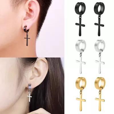 Clip On Pairs Surgical Steel Hoop Earrings With Cross For Men Women Non Piercing • £3.99