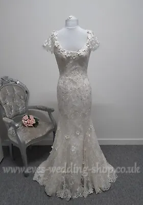 Ian Stuart Floral Warm Ivory Metallic Colour Wedding Dress Wit Cap Sleeves US 6 • £429