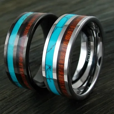 8mm Tungsten Men's Ring Black Turquoise & Koa Wood Wedding Band-Engraving Avail. • $15.99