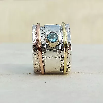 $12.45 • Buy Blue Topaz 925 Sterling Silver Spinner Ring Statement Meditation Jewelry A61