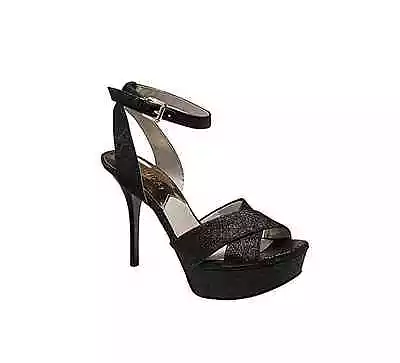 NIB Michael Kors Gideon Ankle Strap Heels Sandals Sparkle Leather BLACK 9.5 • $74.99