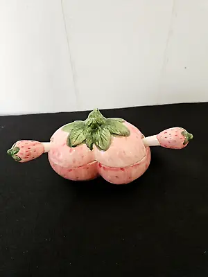 Vintage Ceramic Two Sided Strawberry Shaped Jam / Jelly Server W/Lid & 2 Spoons • $14.75