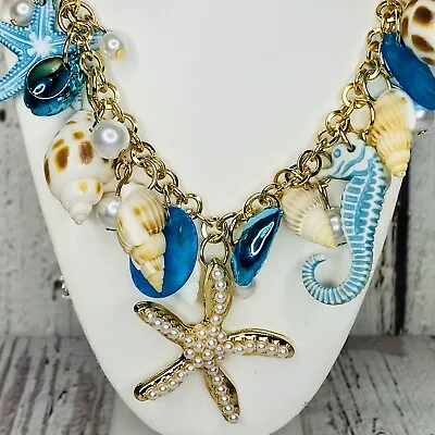 Betsey Johnson BLUE Seashell Choker Necklace Beach Starfish Sea Horse Pearls • $29.95