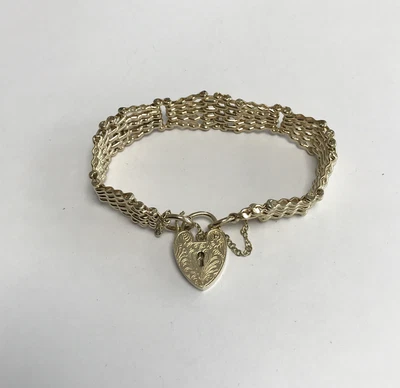 £695 • Buy 9ct Gold Gate Bracelet Vintage 5 Bar Fan Link Padlock & Safety Chain 21 Gram
