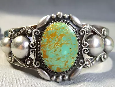 Harvey Era NAVAJO Natural HACHITA TURQUOISE Repousse Coin Silver BIRD Bracelet • $399