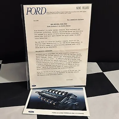 1992 Ford 3.5 Litre F1 V12 Engine Camel Benetton Press Release With Photograph • £12