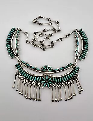 Vtg Zuni Sterling Silver Needlepoint Natural Turquoise Dangle Collar Necklace • $549