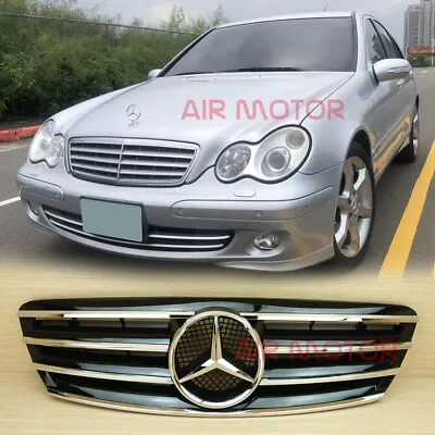 Front Hood Grille 4 FINS Fit Benz W203 Shiny Black With Chrome 2001-2007 • $142.36
