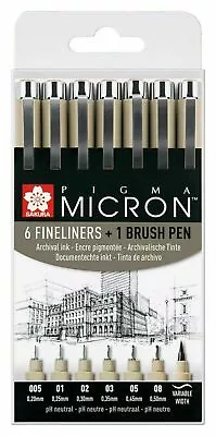 Sakura Pigma Micron Set Black Archival 6 X Fine Liner Pens + 1 Brush Pen • £13.99