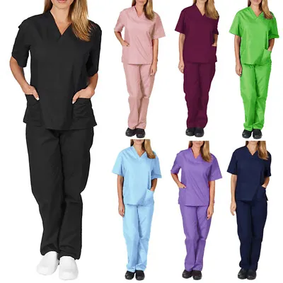 2Pcs Men Women Scrub Suit Hospital Doctor Nurse Medical Working Uniform Workwear • £11.51