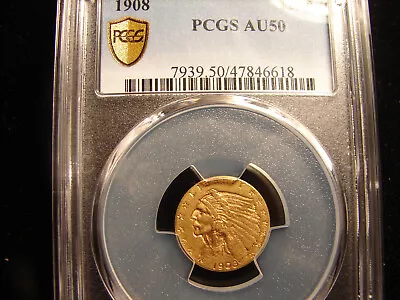 1908 2 1/2$ Gold Indian Dollar PCGS AU50 As Pictured. • $550