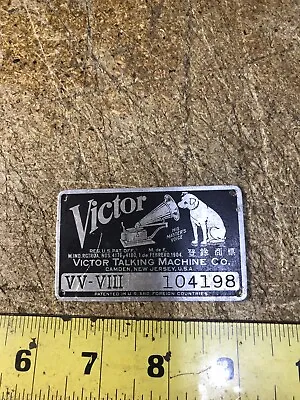 Vintage 1904 Victor VICTROLA Talking Machine Co. Metal Data Plate Tag Phonograph • $12