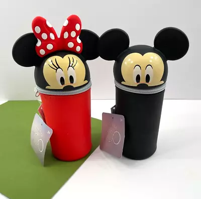 NEW Mickey & Minnie Mouse Pencil Case Round Rubber Disney Set Of 2 • $18.95