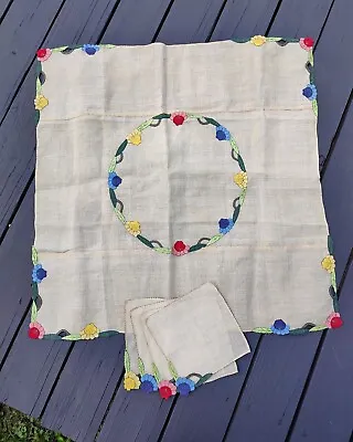 $48 • Buy Lovely Vintage Arts & Crafts Mission Applique Table Linen Tablecloth Napkin Set 