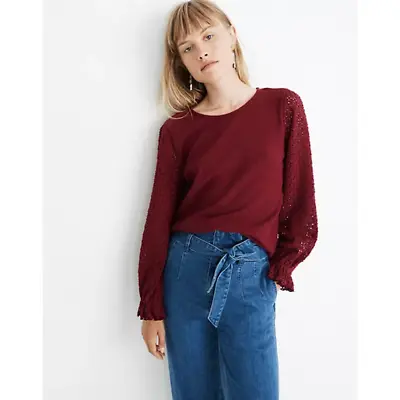 Texture Thread Madewell Women's Red Jacquard Eyelet Mix Ruffle Sleeve Top Size L • $19.99